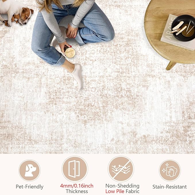 Area Rug 6x9 Vintage Rugs: Washable Living Room Rug Retro Medallion Distressed Large Rug Soft Low Pile Non-Slip Rugs Indoor Floor Carpet for Bedroom Kitchen Nursery Dining Table Office (Beige/Brown)