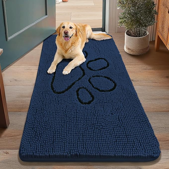 Smiry Dog Door Mat for Muddy Paws, Absorbent Dirt Trapper Non Slip Quick Dry Washable Chenille Mat for Mud Dogs, Entry Rug for Indoor and Outdoor (48x30 Inches, Dark Blue and Black)