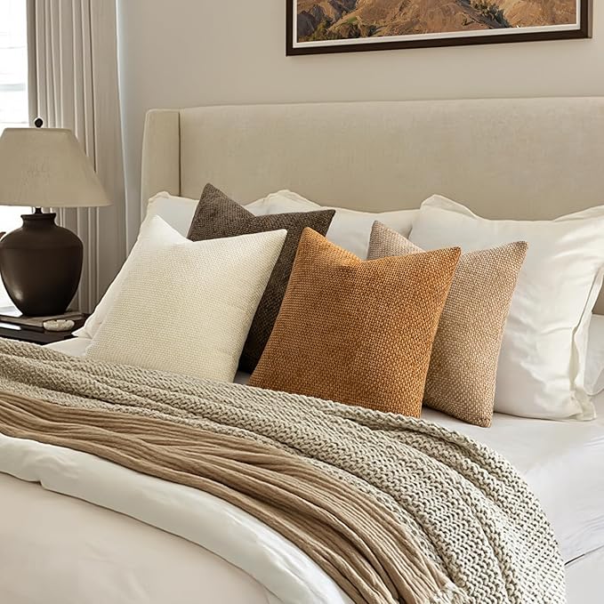 MIULEE Pack of 4 Brown Couch Throw Pillow Covers 20x20 Inch Soft Decorative Chenille Pillows Farmhouse Accent Cushions for Boho Home Decor Spring Sofa Bedroom Living Room