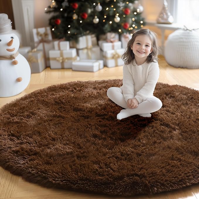 Amdrebio Dark Brown Rug 4Ft for Bedroom, Round Fluffy Shag Plush Area Rugs for Kids Room, Living Room Decor Aesthetic, Fuzzy Fur Floor Chocolate Coffee Circle Carpet for Playroom Dorm Baby Nursery