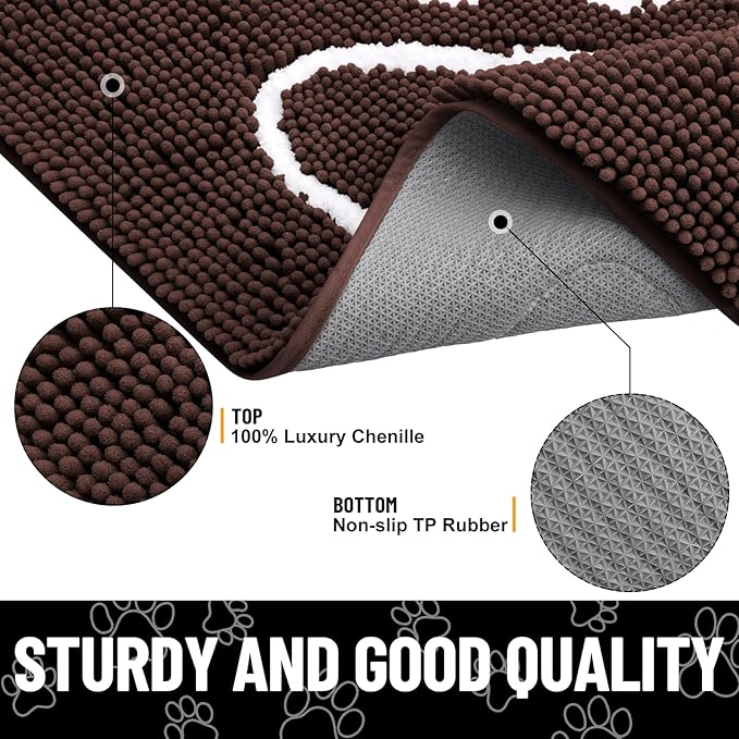 Smiry Dog Door Mat for Muddy Paws, Absorbent Dirt Trapper Non Slip Quick Dry Washable Chenille Mat for Mud Dogs, Entry Rug for Indoor and Outdoor (48x30 Inches, Brown and White)
