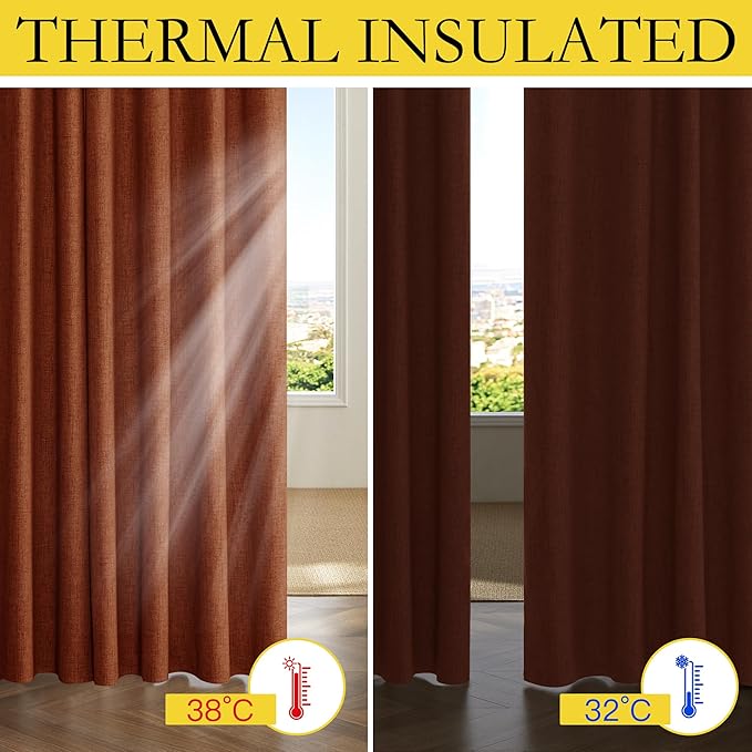 NICETOWN 100% Absolutely Blackout Linen Curtains with Thermal Insulated Liner, 52" Wide, 2 Panels, 45" Long Drapes, Grommet Retro Burnt Orange Linen Curtains Vertical Drapes Privacy for Bedroom