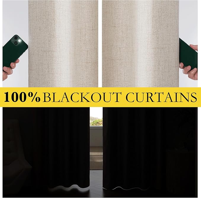 NICETOWN Full Blackout Oatmeal Linen Curtains 102" Length with Thermal Insulated Liners for Living Room, 2 Panels, 52 inches W, Farmhouse Style Keep Warm Large Window Draperies for Hall