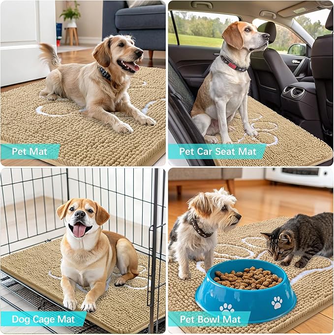 OLANLY Dog Door Mat for Muddy Paws 70x32, Paw Print Design, Absorbs Moisture and Dirt, Absorbent Non-Slip Washable Doormat, Quick Dry Chenille Mud Mat for Dogs, Entry Indoor Entryway Carpet, Beige