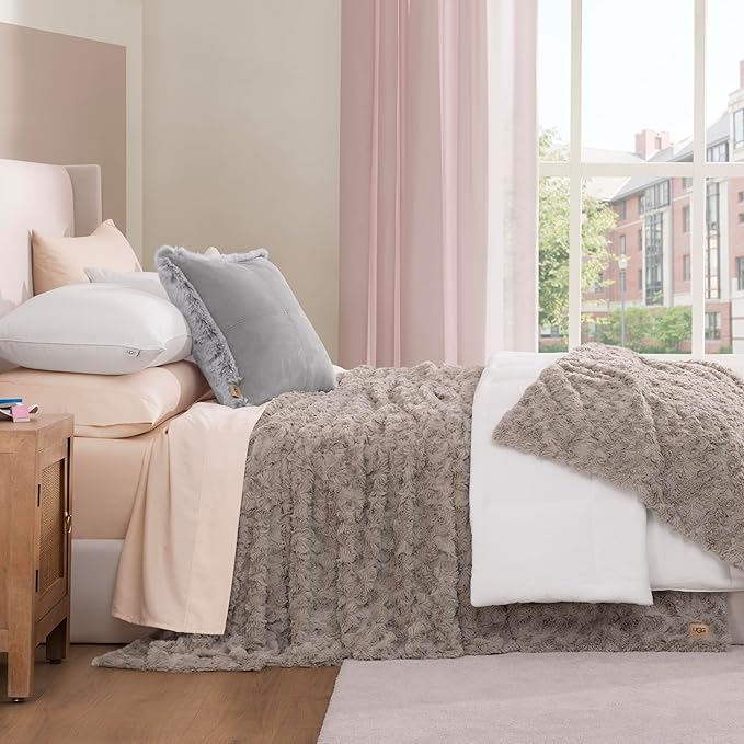UGG Adalee Faux Fur Full/Queen Size Blanket, Warm Cozy Blanket, Extra Large Throw for Sofa, Washable Bedding for Full or Queen Size Bed, Cute Room Decor, 90" x 90", Oyster Brown
