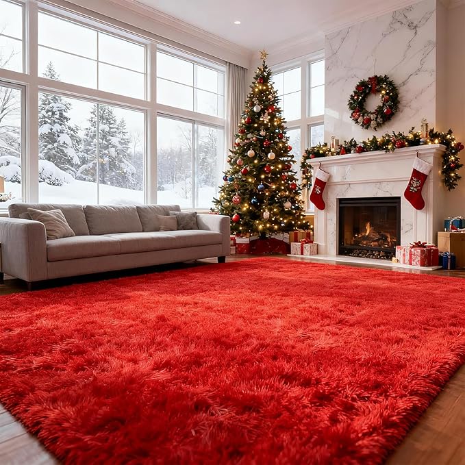 Red Shag Area Rugs for Bedroom Living Room,Ultra Soft Fluffy Christmas Area Rugs 6X9 for Dorm, Indoor Carpet Nursery Rugs for Kids Girl Room Home Decor, Red