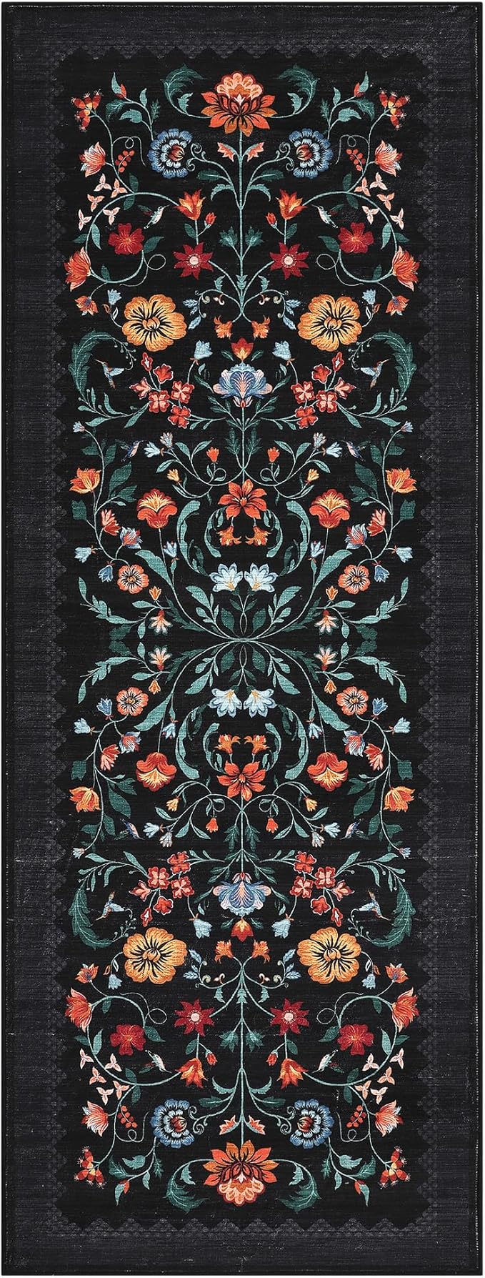 GarveeHome Floral Rug 2.5x8 Runners for Hallways, Boho Kitchen Runner Rugs Non Slip Bath Runners, Vintage Washable Runner Rug for Bedroom, Soft Long Rugs for Entryway Bathroom Laundry Dorm, Black