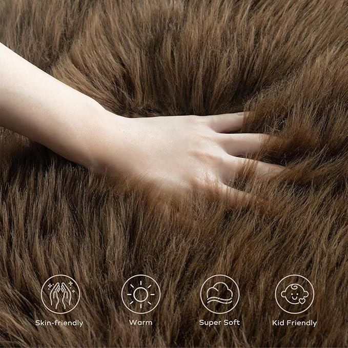 Ashler Faux Fur Rug - Fluffy Shaggy 3 x 3 Feet Sheepskin Fur, Dark Coffee Fuzzing Rug - Nursery Decor Throw for Bedroom, Living Room, Kids Room