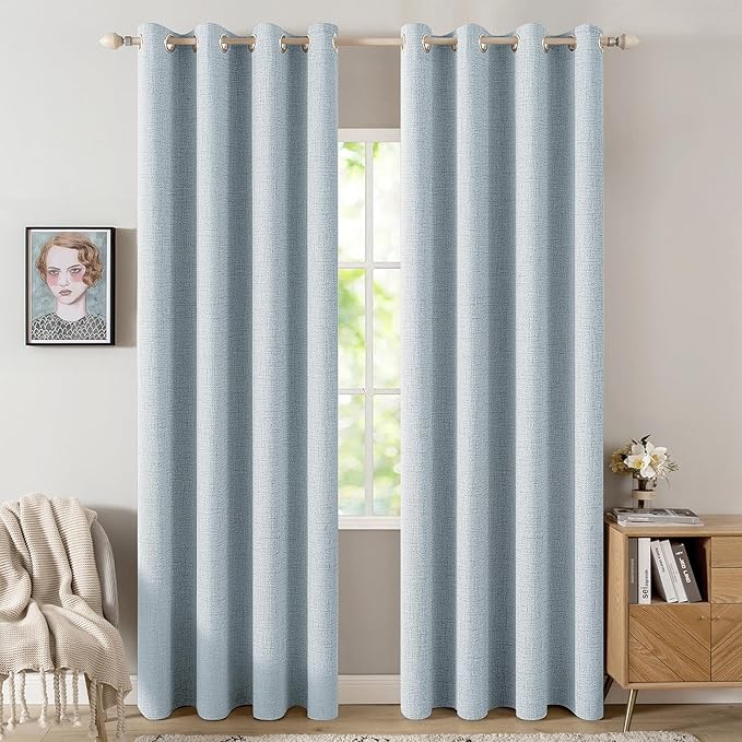 MIULEE 100% Blackout Linen Textured Curtains for Bedroom Solid Thermal Insulated Chambray Blue Grommet Room Darkening Curtains & Drapes Luxury Decor for Living Room Nursery 52 x 96 Inch (2 Panels)