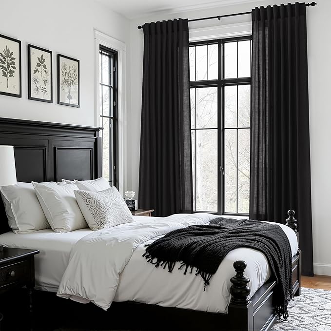 Nanspring Vintage Black Linen Curtains 84 Inch Length 2 Panels Set for Living Room Light Filtering Semi Sheer Curtain Back Tab Privacy Luxury Gothic Vintage Decor Drapes for Bedroom Office 52x84
