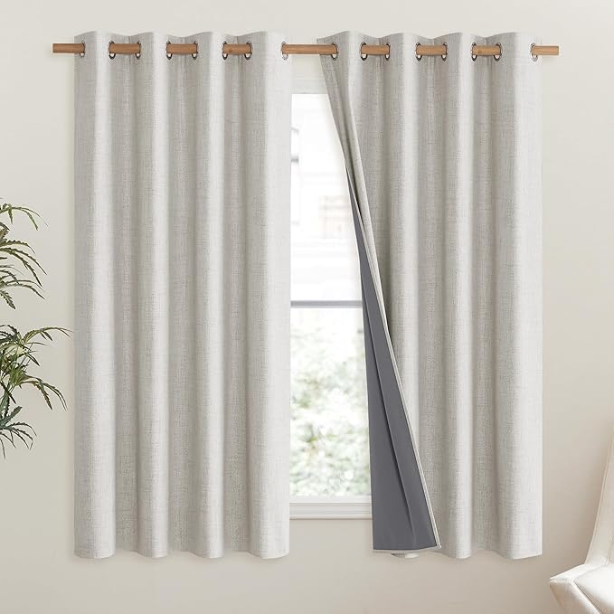 NICETOWN Snowbound Vintage Linen 100% Blackout Curtains for Living Room, Thermal Insulated Curtains 63" Long, Noise Reducing Window Treatment Drapes for Hall Room, 52" Wide Per Panel, Set of 2