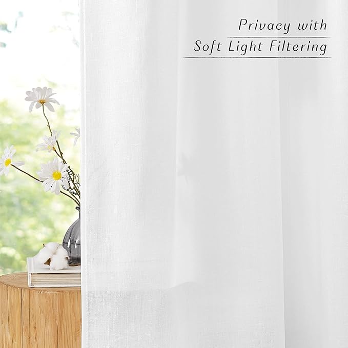 NICETOWN Linen White Curtains 96 inches Long, Grommet Thick Linen Blend Privacy Added with Light Filtering Window Treatments for Kids Room/Living Room, W42 x L96, 2 Panels