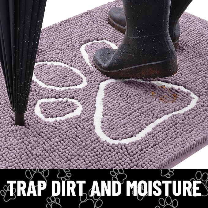 Smiry Dog Door Mat for Muddy Paws, Absorbent Dirt Trapper Non Slip Quick Dry Washable Chenille Mat for Mud Dogs, Entry Rug for Indoor and Outdoor (40x32 Inches, Deep Plum and White)