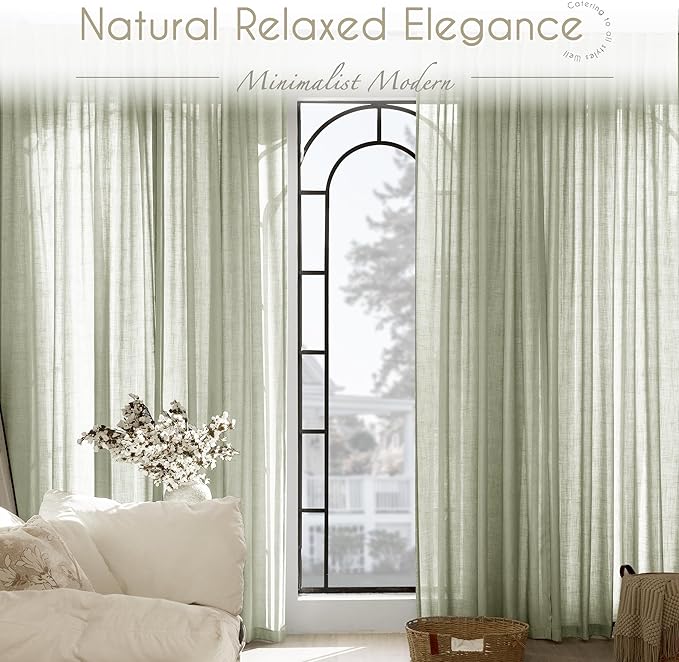 Linen Blend Sage Green Curtains 108 inch Length 2 Panels for Bedroom Back Tab Light Filtering Semi Sheer Drapes Linen Cotton Textured Light Green Airy Modern Farmhouse Living Room Sage Aesthetic Decor
