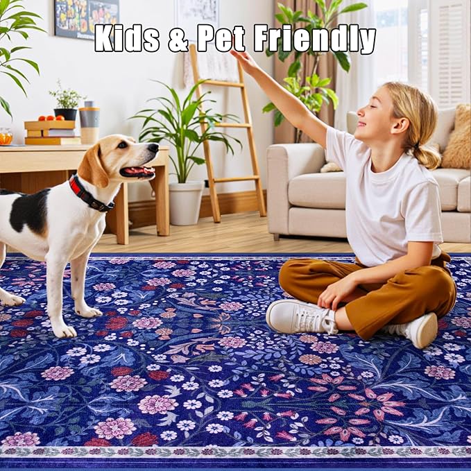 10x14 Area Rugs for Living Room: Floral Washable Rug Vintage Large Soft Boho Non-Slip Carpet Indoor Floor Stain Resistant Low Pile Carpets for Bedroom Dining Room Farmhouse Nursery Hallway Home Office