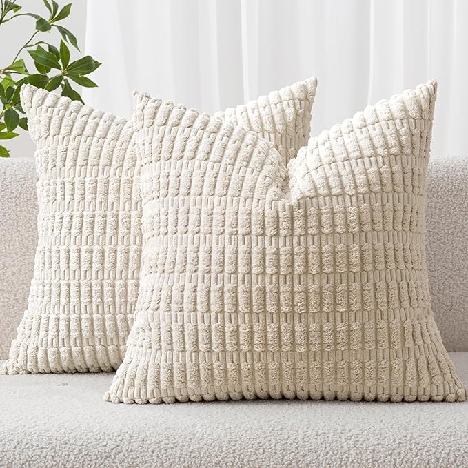 MIULEE Pack of 2 Corduroy Decorative Euro Sham Throw Pillow Covers 24x24 Inch Soft Boho Striped Pillow Covers Modern Farmhouse Home Decor for Sofa Living Room Couch Bed Cream White