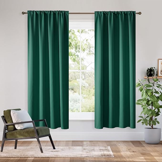 RYB HOME Bedroom Blackout Curtains 72 inches Long, 100% Blackout Thermal Insulated Noise Reducing Curtains for Living Room Nursury, 62 inches Wide by 72 inches Long, Dark Green