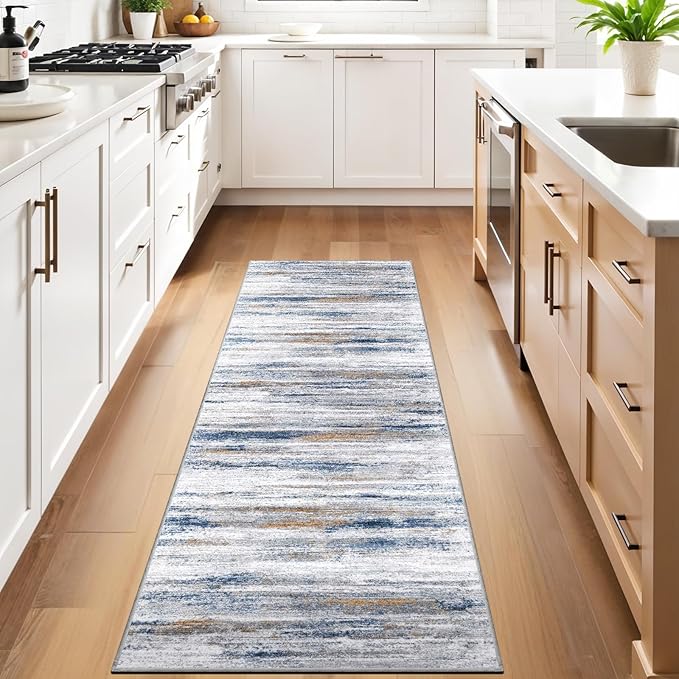 2x10 Washable Runner Rugs for Hallway: Easy-to-Clean Abstract Runners for Entryway Kitchen Dining Room- Stain and Water Resistant Rugs with Non-Slip Backing - Soft Low-Pile Carpet Navy Grey