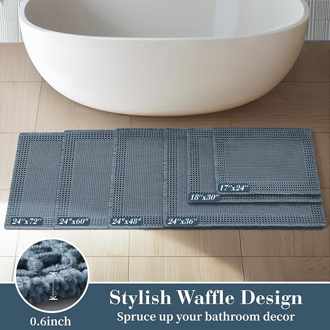 RESARE Waffle Bathroom Runner Rugs, Super Absorbent Bath Mat Non Slip Washable Quick Dry, Upgraded Ultra Soft Boho Bath Rugs with Tassels for Hallway Bedroom Laundry Room, 2'x4'(24"x48"), Blue