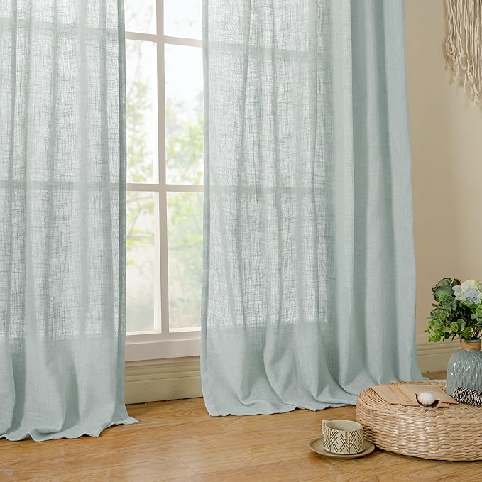 LAMIT Semi Sheer Linen Curtains 54 Inch Length 2 Panels, Greyish Blue Light Filtering Panels Back Tab and Rod Pocket Neutral Drapes for Kitchen/Window/Dining Room, 52 x 54 Inch