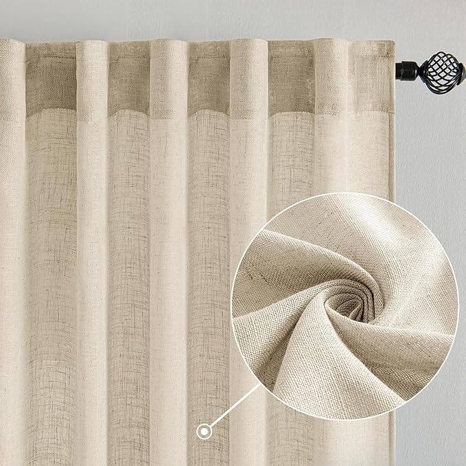 MIULEE Linen Curtains 108 Inch Length 2 Panels for Bedroom Living Room, Soft Thick Linen Textured Back Tab Window Drapes Semi Sheer Light Filtering Rod Pocket Modern Farmhouse Decor