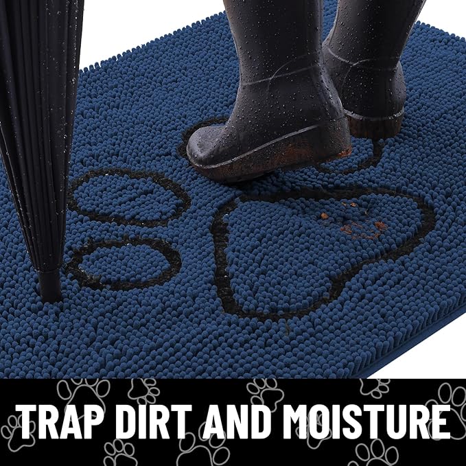 Smiry Dog Door Mat for Muddy Paws, Absorbent Dirt Trapper Non Slip Quick Dry Washable Chenille Mat for Mud Dogs, Entry Rug for Indoor and Outdoor (48x30 Inches, Dark Blue and Black)