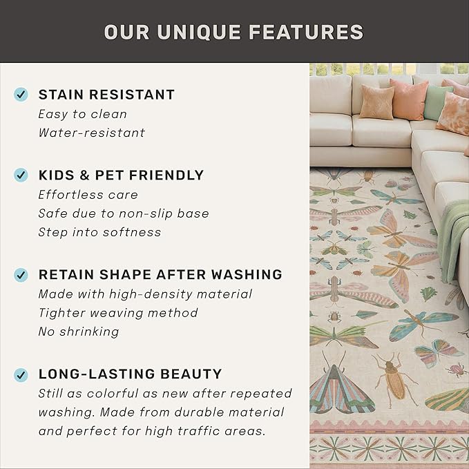 Hazo Haus Washable 5x8 Light Pink Rug for Bedroom - Pink Boho Girl Nursery Rug, Living Room, Nature Insect Bug Print Home Decor