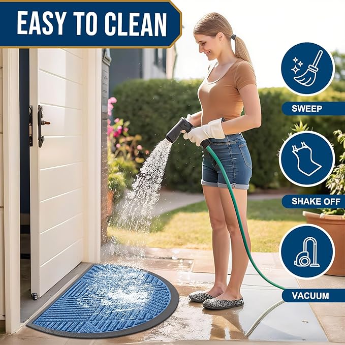 Smiry Half Circle Front Door Mat Outside Entrance, Heavy Duty Sturdy Natural Rubber Doormat, Trap Dirt and Moisture, Low Profile Mats for Indoor Outdoor Entry, Irregular Triangle (29.5x17, Blue)