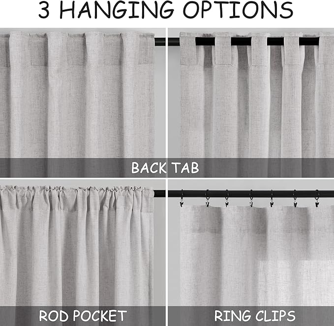 Grey Linen Curtains 102 Inches Long 2 Panels Set for Living Room Extra Long Back Tab Curtains Neutral Farmhouse Light Filtering Semi Sheer Linen Drapes Ceiling to Floor for Large Window