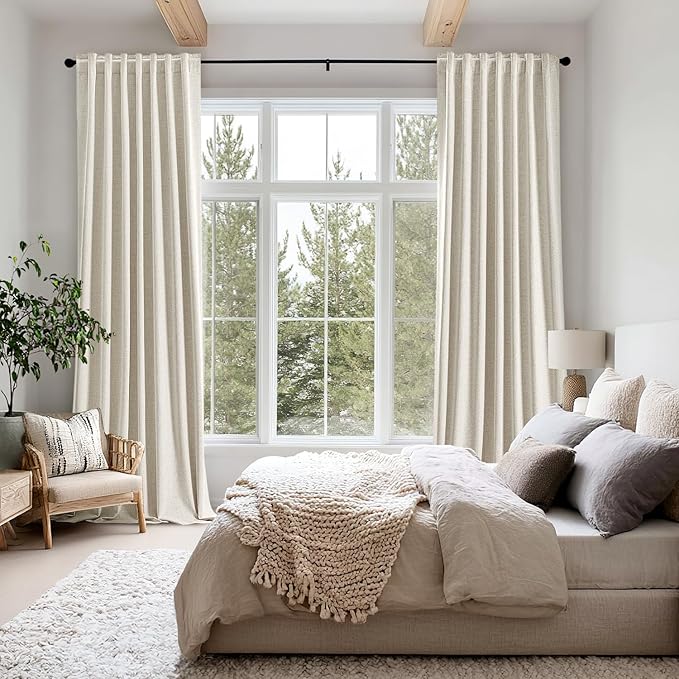 MIULEE 100% Blackout Linen Curtains for Bedroom, Linen Beige Solid Luxury Decor Thermal Insulation Room Darkening Drapes for Living Room Nursery Back Tab Rod Pocket 42 x 90 Inches, 2 Panels