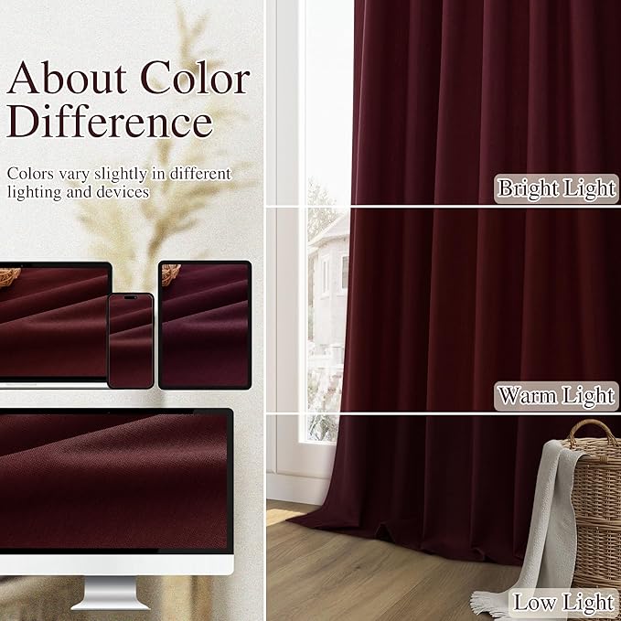 Guken 100% Blackout Curtains 120 Inch Length 2 Panels Set for Living Room Bedroom Back Tab Thermal Insulated Black Out Linen Drapes Room Darkening Window Curtains Burgundy 52x120