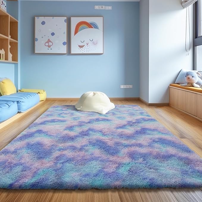 Shag Area Rug for Bedroom 4x6,Fluffy Area Rugs for Living Room,Soft Fuzzy Rug Non-Shedding Indoor Plush Carpet for Kids Bedroom Nursery Dorm Home Decor,Rainbow Purple