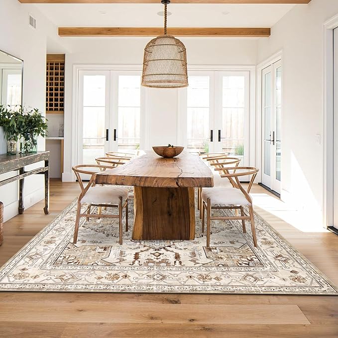 Yamaziot Area Rug 9x12, Non-Slip Washable Boho Vintage Living Room Bedroom Rug with Rubber Backing, Low Pile Faux Wool Soft Distressed Rug Floor Carpet for Living Room, Bedroom