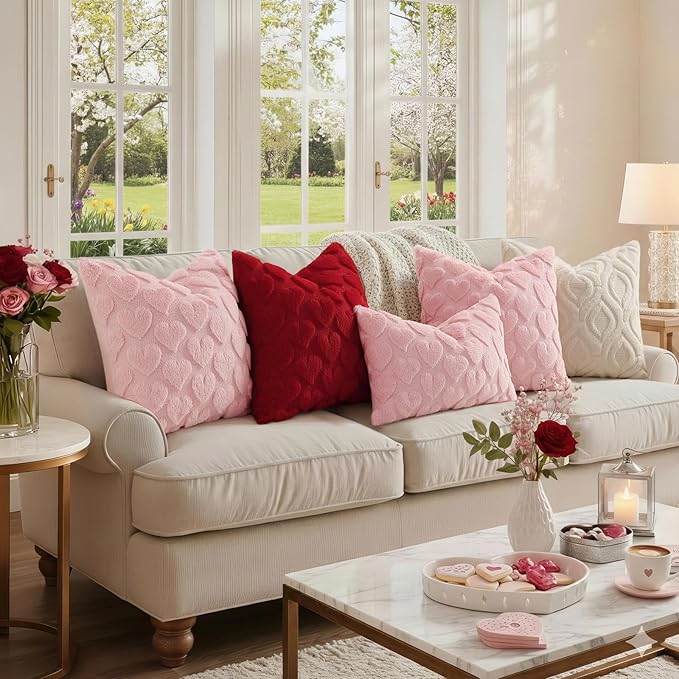 decorUhome Valentine’s Day Soft Plush Throw Pillow Covers 16x16 Inch Set of 2, Faux Fur Pink Heart Decoration Neutral Square Pillow Covers for Couch Sofa Bed Cozy Farmhouse Holiday Decor