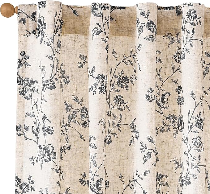 Lazzzy Black Floral Linen Curtains 84 Inch Farmhouse Back Tab Drapes for Living Room Bedroom Light Filtering Vintage Grandmillennial Rod Pocket Curtains, 2 Panels, W38 x L84, Black on Beige