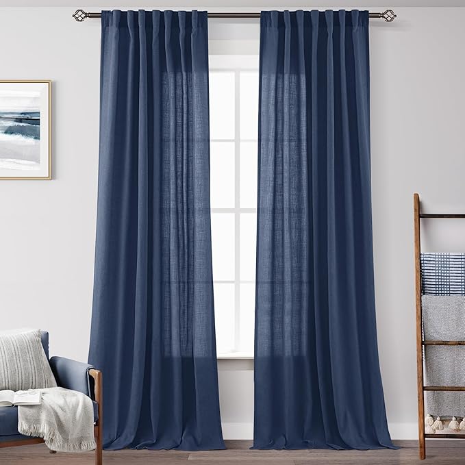 Navy Blue Curtains 90 inch Length for Bedroom, Living Room, Dining Room, 52" W x 90" L, Back Tab, Light Filtering, Semi Sheer, Linen Cotton Textured, Modern Farmhouse Aesthetic, Dark Blue