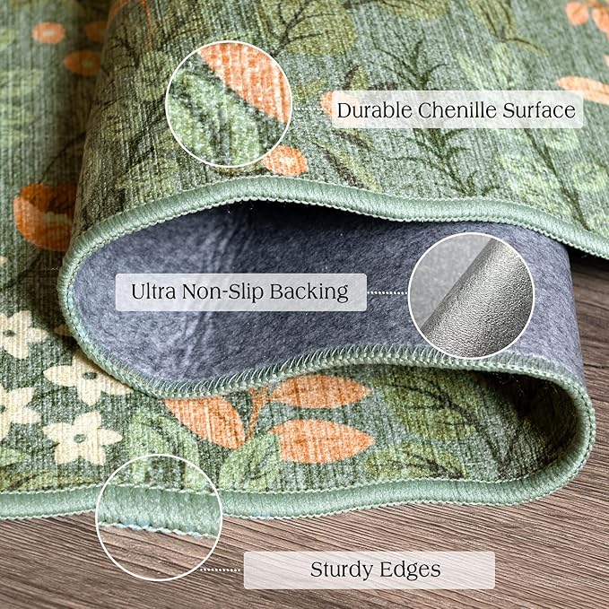 Front Door Mat Indoor Entrance - 2x4.3 Ft Sage Green Floral Washable Layered Doormat Outdoor Entrance Porch Rug Non-Slip Boho Runner Rug for Kitchen Hallway Bedroom Laundry Room Porch Decor