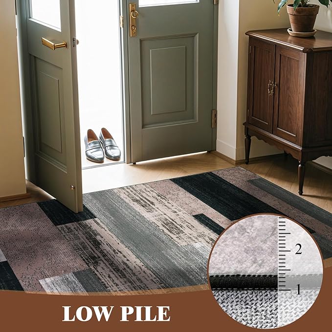 LIANLAM 9x12 Washable Area Rugs for Living Room and Bedroom, Vintage Checkered Pattern Non-Slip Carpet, Stain Resistant Low Pile Soft Rug for Dining Room,Office,Nursery,Kids Room(9x12,Chocolate)
