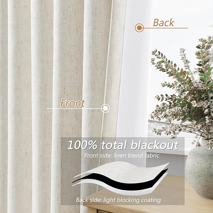 Beige White 100% Blackout Linen Curtains 100 Inch Length 2 Panels Set for Living Room Bedroom Back Tab Thermal Insulated Black Out Drapes Room Darkening Farmhouse Style for Bedroom Window Curtains