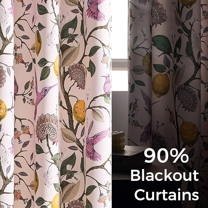 Topfinel Pink Blackout Window Curtains 72 Inch Length 2 Panels for Girls Bedroom, Spring Light Pink Cute Fancy Cottage Core Princess Floral Hummingbird Patterned Grommet Blush Pink Curtains Nursery