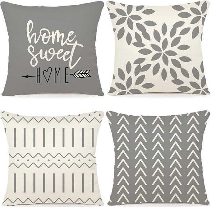 YCOLL Pillow Covers 22x22 Set of 4, Modern Sofa Throw Pillow Cover, Decorative Outdoor Linen Fabric Pillow Case for Couch Bed Car，Gray