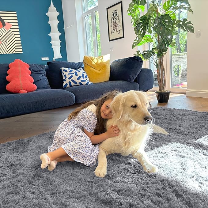 OLANLY 7x7 Machine Washable Large Area Rugs for Living Room, Bedroom, Soft Fluffy Shaggy Bedside Rug, Indoor Floor Carpet for Kids Girls and Boys, Dorms, Nursery, Home Decor Aesthetic, Light Grey