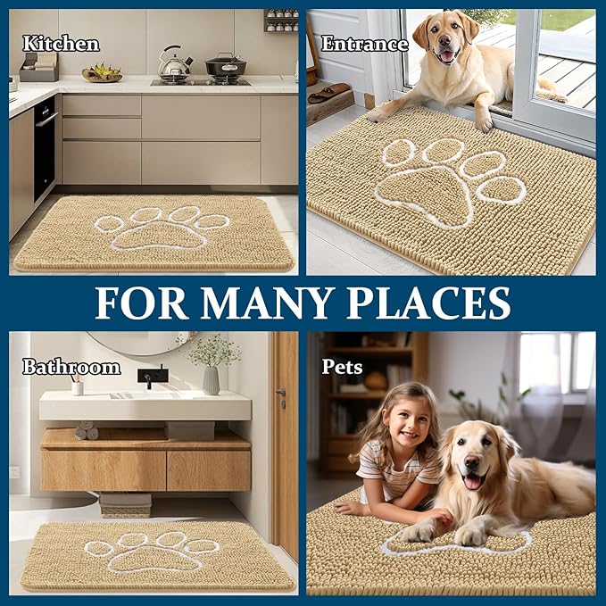 OLANLY Dog Door Mat for Muddy Paws 44x32, Paw Print Design, Absorbs Moisture and Dirt, Absorbent Non-Slip Washable Doormat, Quick Dry Chenille Mud Mat for Dogs, Entry Indoor Entryway Carpet, Beige