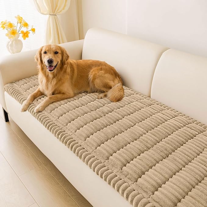 hyha Couch Covers for Dogs Washable, Non Slip Plush Dog Sofa Protectors, Fuzzy Pet Couch Covers for 3 Cushion Sofa Pet Friendly (Khaki, 27.6" x 59")