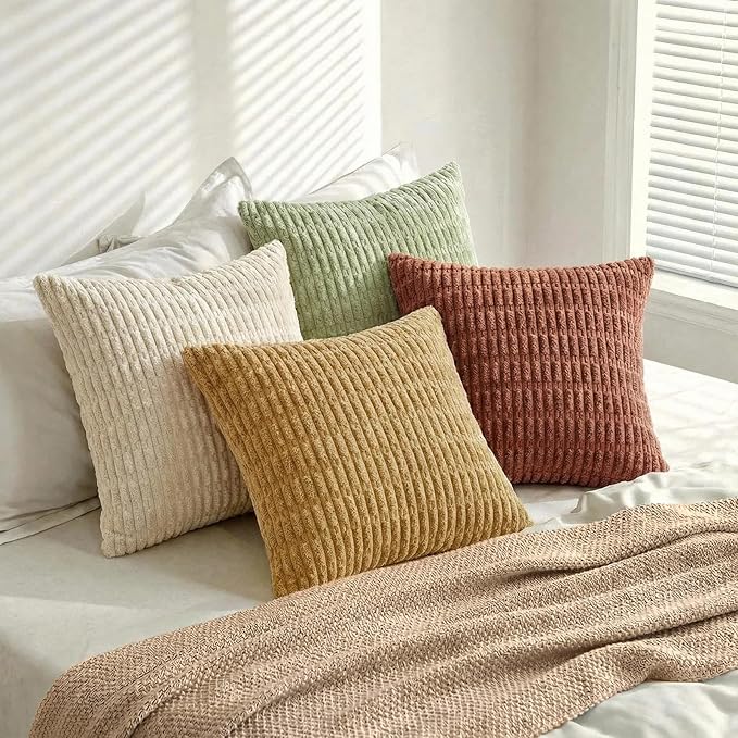 Fancy Homi 4 Packs Boho Fall Decorative Throw Pillow Covers 20x20 Inch for Living Room Couch Bed Sofa, Rustic Farmhouse Home Decor, Soft Plush Striped Corduroy Square Cushion Case 50x50 cm