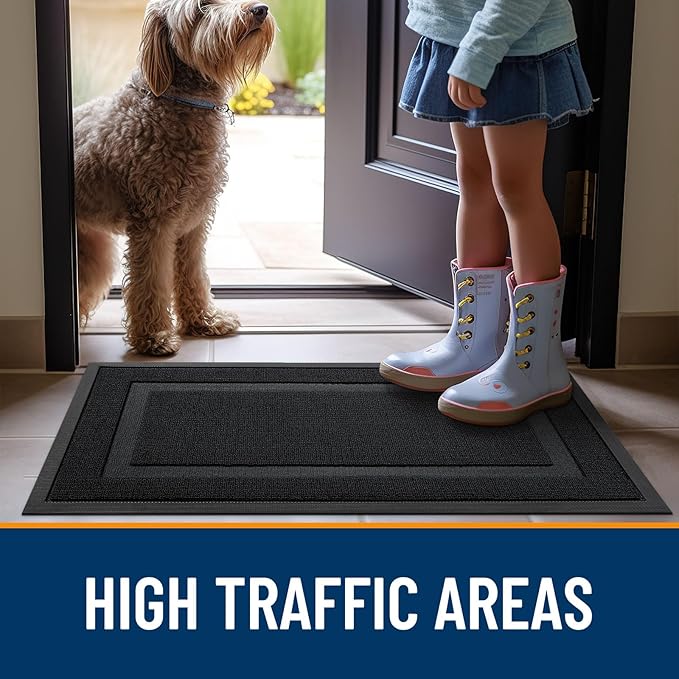 OLANLY Front Door Mat Indoor Outdoor Entrance, Waterproof All-Season, All-Weather Doormat, Sturdy Natural Rubber, Fade Resistant, Low Profile, Easy Clean Patio Porch Entryway Mat, 29.5x17, Jet Black