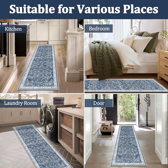 Yamaziot Washable Runner Rug 2x6 – Non Slip Boho Floral Hallway Runner Rug with Rubber Backing, Low Pile Faux Wool Distressed Carpet for Kitchen, Laundry, Bedroom, Entrance, Blue