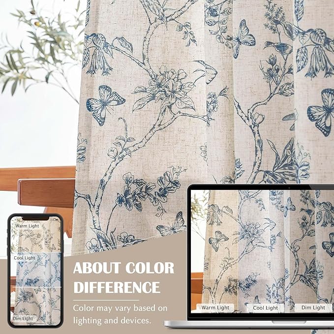 jinchan Floral Curtains Lined Linen Blend Curtain for Living Room 84 Inch Length Blue Flower Patterned Curtain French Country Farmhouse Curtains Drapes Back Tab Rod Pocket 2 Panels