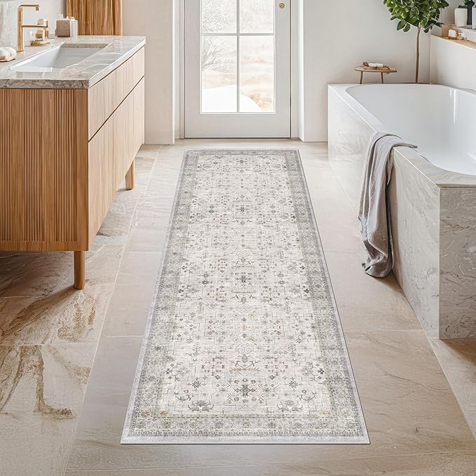 Hazo Haus Light Gray Washable 2'6"x8' Wide Runner Rugs for Kitchen, Bathroom, Hallway, Non-Slip & Stain Resistant Long Floor Rug, Neutral Boho Floral Décor