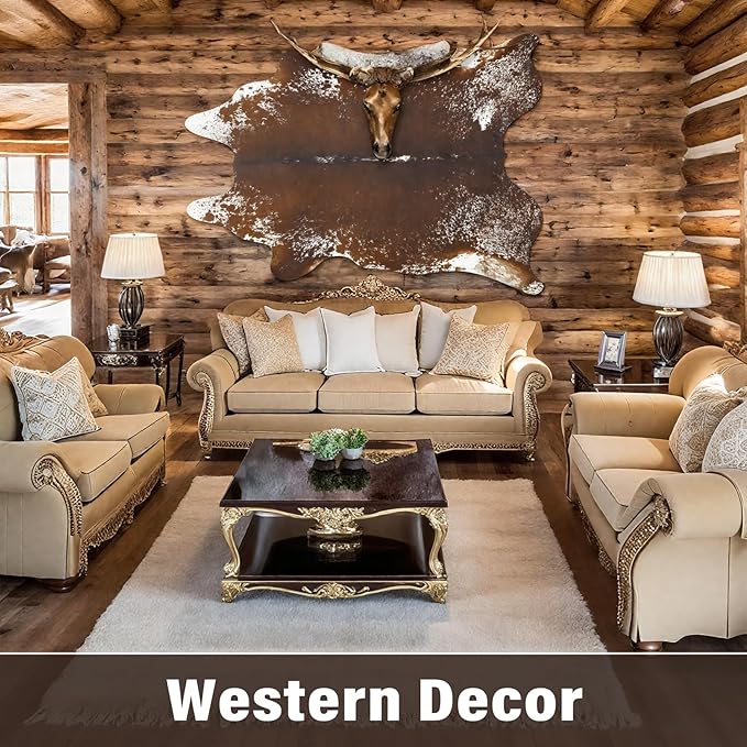 AROGAN Western Decor Faux Fur Cowhide Rug, 6.2x7 Feet Premium Animal Skin Cow Hide Rug, Durable Cow Print Rugs for Wall Decor, Western Floor Carpet for Bedroom Living Room, Spotted Brown